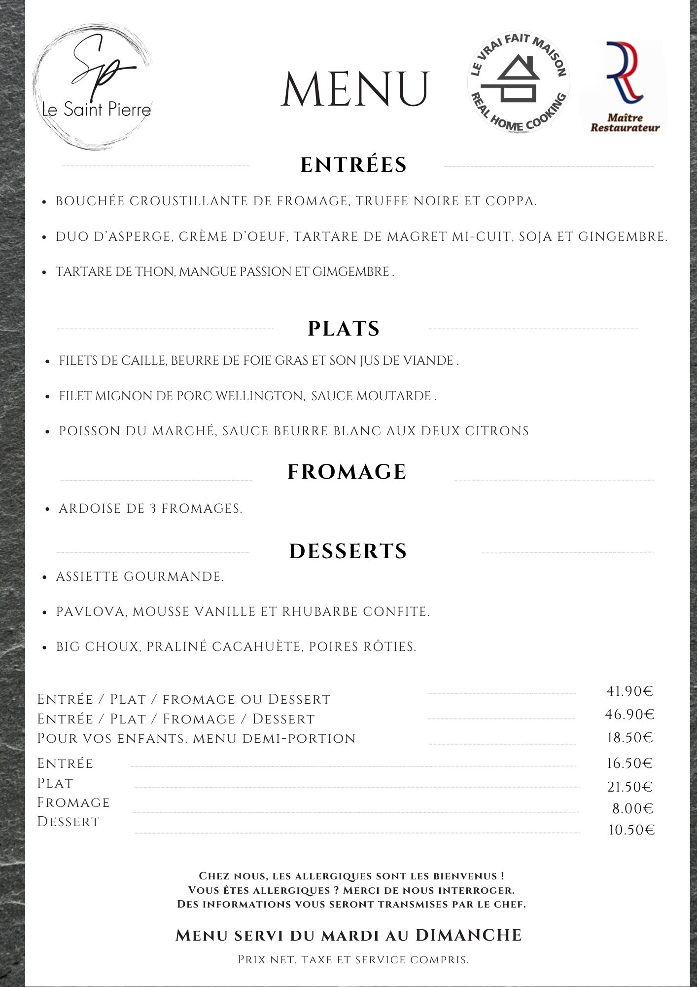 Carte du restaurant
